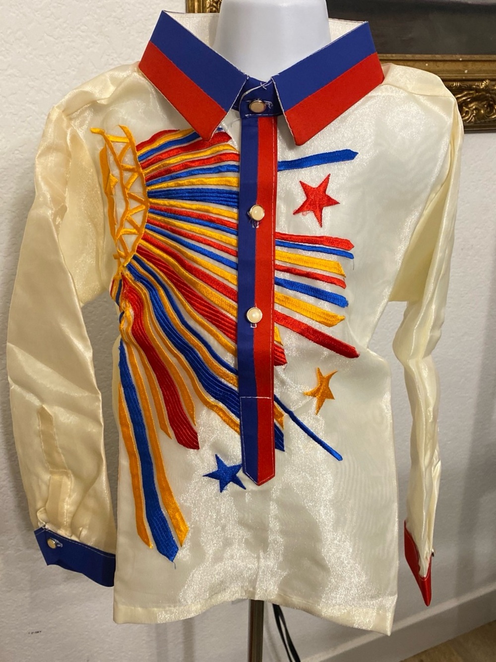 Kids Barong Tagalog Pina Organza Embroidered Star & Ribbon Button-Up Shirt